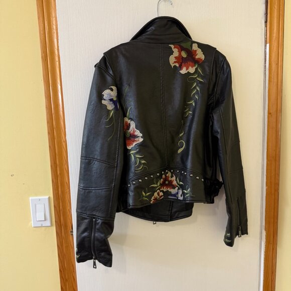 Embroidered Black. Vegan Leather Jacket - Picture 6 of 6